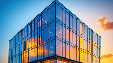 Modern glass skyscraper reflecting sunset.