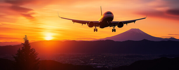 silhouette of airplane flying over Mount Fuji at sunset, with vibrant orange and purple skies creating stunning backdrop. scene evokes sense of adventure and tranquility