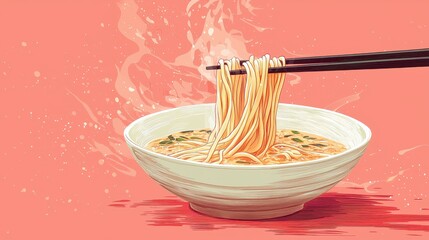 A bowl of steaming noodles being lifted with chopsticks against a vibrant pink background, evoking a sense of warmth and comfort.