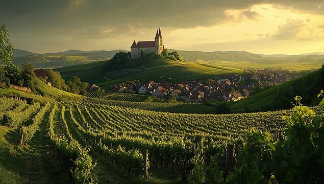 a panoramic view of the beautiful vineyards in Alz Blackjack, German at sunset with an old castle