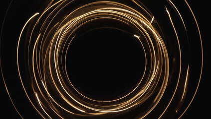 Golden Light Trails: Abstract swirling light trails create a mesmerizing circular pattern against a deep black background. The warm, golden hues evoke a sense of energy and movement. 