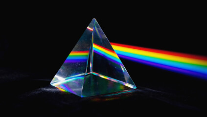 Fototapeta premium Prism Rainbow Refraction: A crystal-clear prism sits majestically on a dark background, bending light into a vibrant rainbow spectrum.
