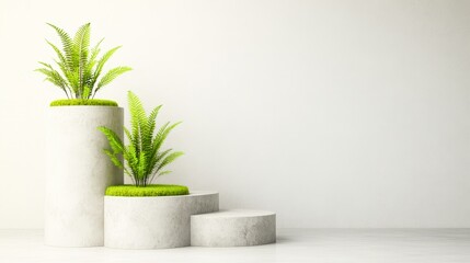 Fototapeta premium A serene indoor arrangement features two cylindrical planters with lush ferns and vibrant moss, set against a minimalist background, Ideal for decor, gardening, or environmental themes,
