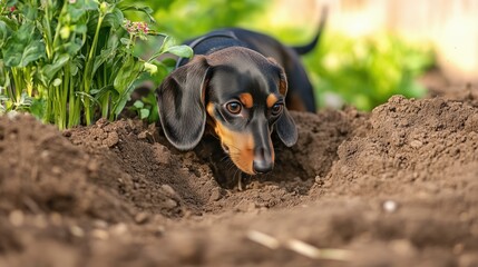 Dachshund dog digging in garden soil surrounded by green plants on a sunny day