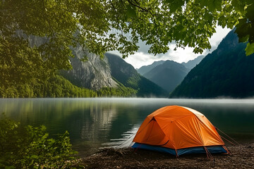 Bright orange camping tent set up by tranquil lake amid majestic mountains and lush trees during a serene morning