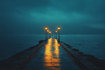Obraz premium Pier extending into the calm sea during twilight