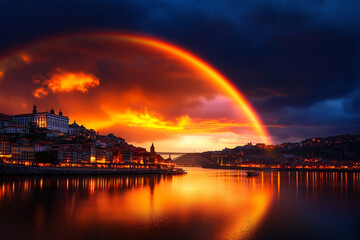 Fototapeta premium stunning rainbow arches over old city of Porto, reflecting beautifully in river. vibrant sunset colors create magical atmosphere, highlighting city architecture