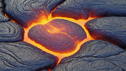 Molten Heart of the Earth: A mesmerizing close-up captures the incandescent glow of molten lava, its fiery orange heart pulsating within a field of dark, solidified rock.