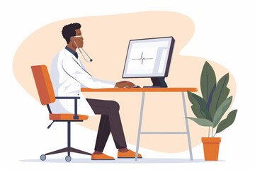 Illustration of a male doctor sitting at a desk using a computer for services, showcasing integration of technology, patient care, and modern medical practices in a minimalistic design.