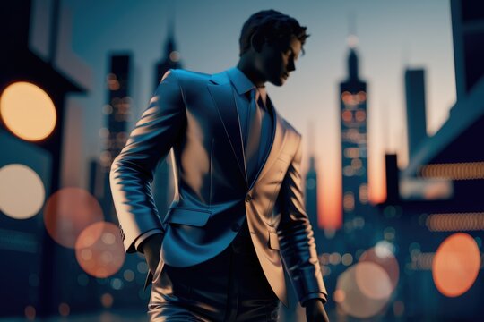A metallic statue of a man in a suit stands in a futuristic city at dusk. - Powered by Adobe