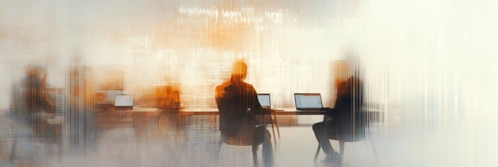 Business people are working with laptops in a modern office, with a data overlay suggesting a focus on analysis, innovation, and technology in the business world