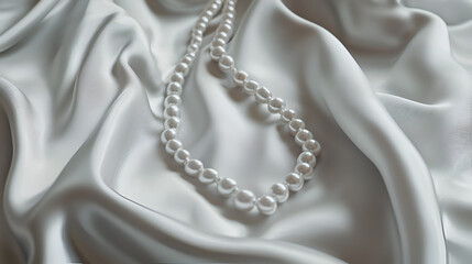 Elegant string of pearls rests gracefully on a backdrop of flowing white fabric, conveying sophistication and refinement.
