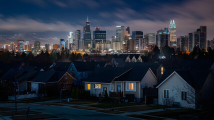 Fototapeta premium Darkened homes contrasting lit buildings in urban landscape, symbolizing disparity and the contrast between light and darkness in modern society. Darkened homes contrasting lit buildings in urban land