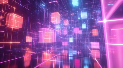 Obraz premium High-tech 3D cubes and blocks floating in a digital space, symbolizing the futuristic metaverse and network connections.