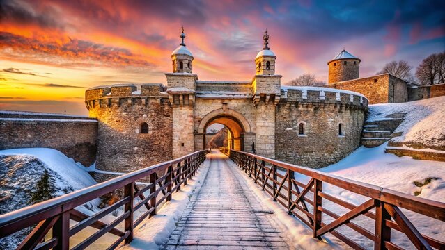Snowy Zindan Gate & Wooden Bridge, Kalemegdan Fortress, Belgrade Winter