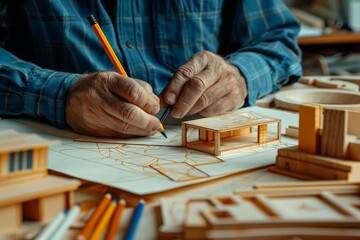 Hands sketching architectural model plans with pencils on drafting paper, highlighting creativity, precision, and detailed planning in the design process for furniture or structures.