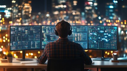 Individual analyzes data on multiple screens in a cityscape at night