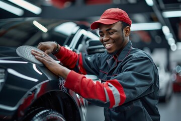 African American car detailer smiling while using a buffing pad on black car hood. Red and black uniform highlights professional approach in automotive detailing.