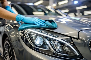 Worker wearing blue gloves cleaning car headlight with microfiber cloth in silver car, emphasizing cleanliness, precision, smooth surface, and glossy automotive detail indoor setting.