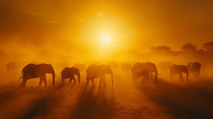 Fototapeta premium African elephants sunset herd savanna dust travel