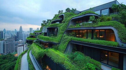 Obraz premium Innovative architecture with greenery-filled balconies, adding a natural touch to an urban cityscape.