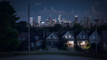 Darkened homes contrasting lit buildings in urban landscape, symbolizing disparity and the contrast between light and darkness in modern society.
Darkened homes contrasting lit buildings in urban land