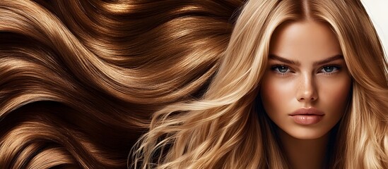 Obraz premium A captivating beauty portrait of a flawless model, an editorial fashion shoot. Insanely detailed photo of a beautiful woman with long hair, hair treatment adverstising. Generative AI