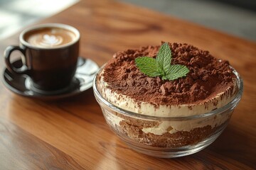 Delicious dessert featuring tiramisu beside a coffee cup on a wooden table