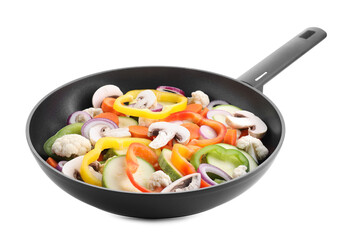 Frying pan with mix of vegetables and mushrooms in air isolated on white
