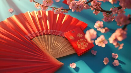 Lunar New Year theme with decorative red packets, sakura blossoms, and an oriental fan on a blue backdrop, celebrating 2025 traditions. -