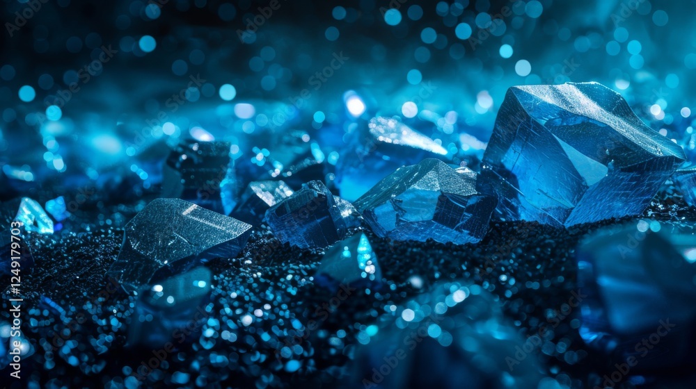 Aufkleber vivid blue crystals glisten on a dark background, reflecting soft light that enhances their sharp ed