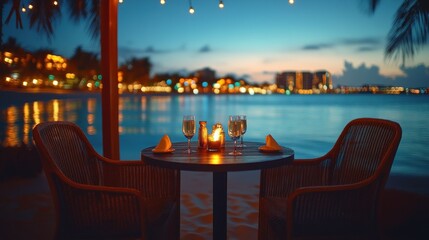Fototapeta premium Romantic Beach Dinner:Sunset, Tranquil Ocean, Delicious Meal