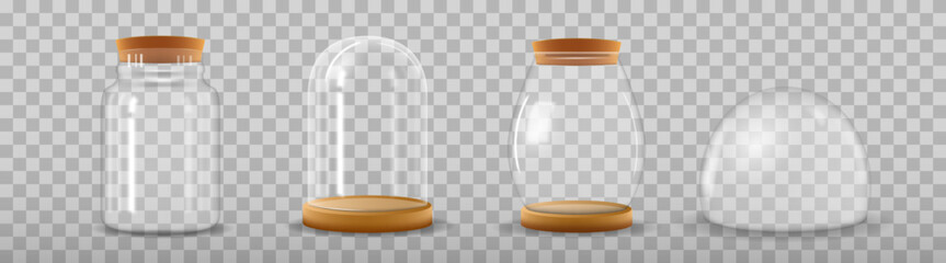 Transparent glass jars and glass dome