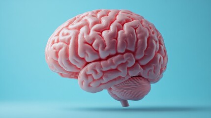 Realistic pink brain model floating against a soft blue background, symbolizing neuroscience concepts