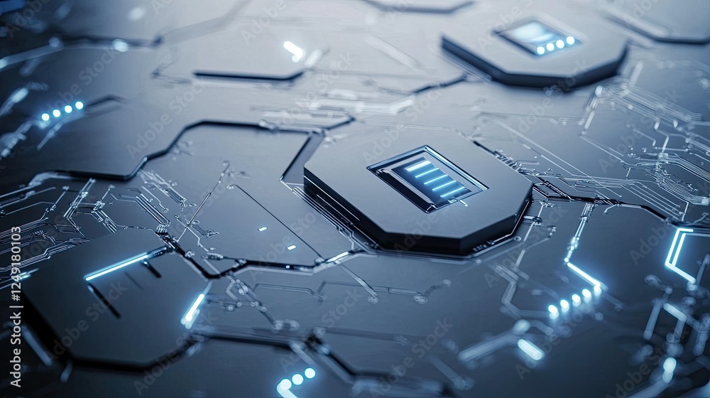 Poster minimalist blue lock with circuit lines over a hexagonal white grid, showcasing secure technology co