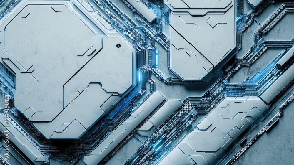 Poster minimalist blue lock with circuit lines over a hexagonal white grid, showcasing secure technology co