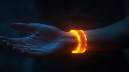 Glowing Orange Wristband on Hand in Dark Environment