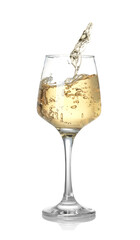 Tasty wine splashing in glass on white background