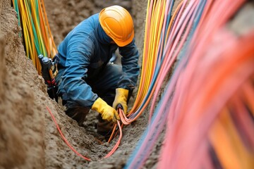 A worker in protective gear installing fiber optic cables in a trench.