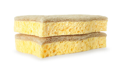 Two yellow sponges isolated on white. Cleaning supply