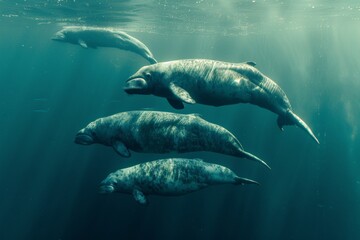 Fototapeta premium Group sea cows floating in vast, deep ocean waters, highlighting their smooth, massive bodies and tranquil nature, capturing essence of this gentle, extinct species in darkened marine setting.