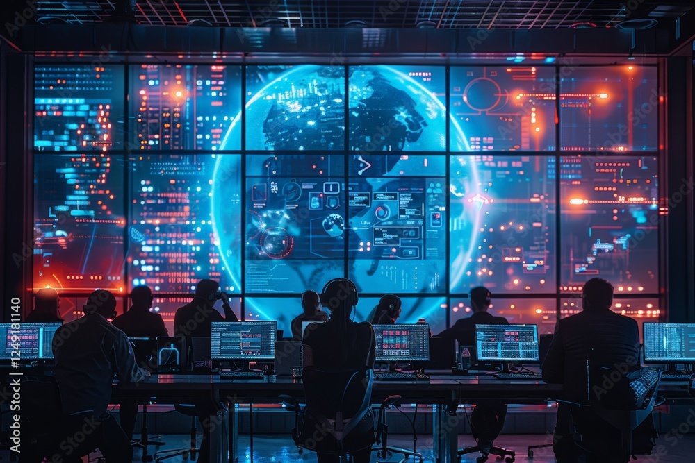 Poster large digital screen with global map and data feeds, viewed by cybersecurity team managing network s