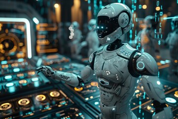 Single robot engaging with holographic control panel in a futuristic digital environment, representing artificial intelligence, advanced technology, and cyber operations.