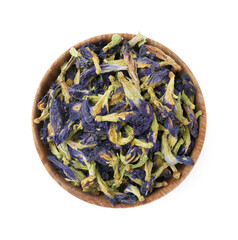 Butterfly pea flower tea in bowl isolated on white, top view