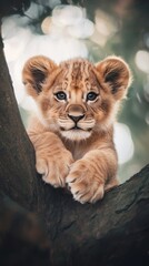 Fototapeta premium Curious and cute lion cub, posing on a tree. Close-up of lion cub exploring the environment with bright eyes.