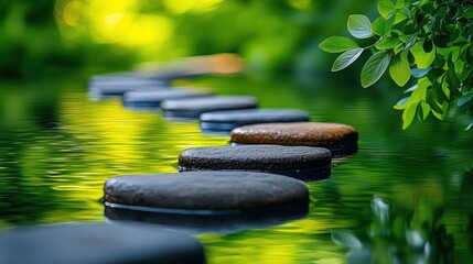 Serene pathway of stepping stones across a tranquil water surface surrounded by lush greenery