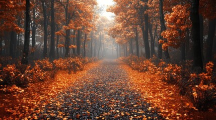 Autumnal path, misty forest, fallen leaves, serene landscape, nature wallpaper