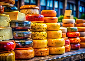 Stacked Cheese Wheels: A Diverse Collection of Artisan Cheeses