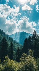 Obraz premium Verdant forest meets majestic peaks under bright sky Trees and mountain evoke tranquility of great outdoors