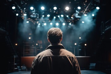 Back view of a man standing in a spotlight on an empty stage